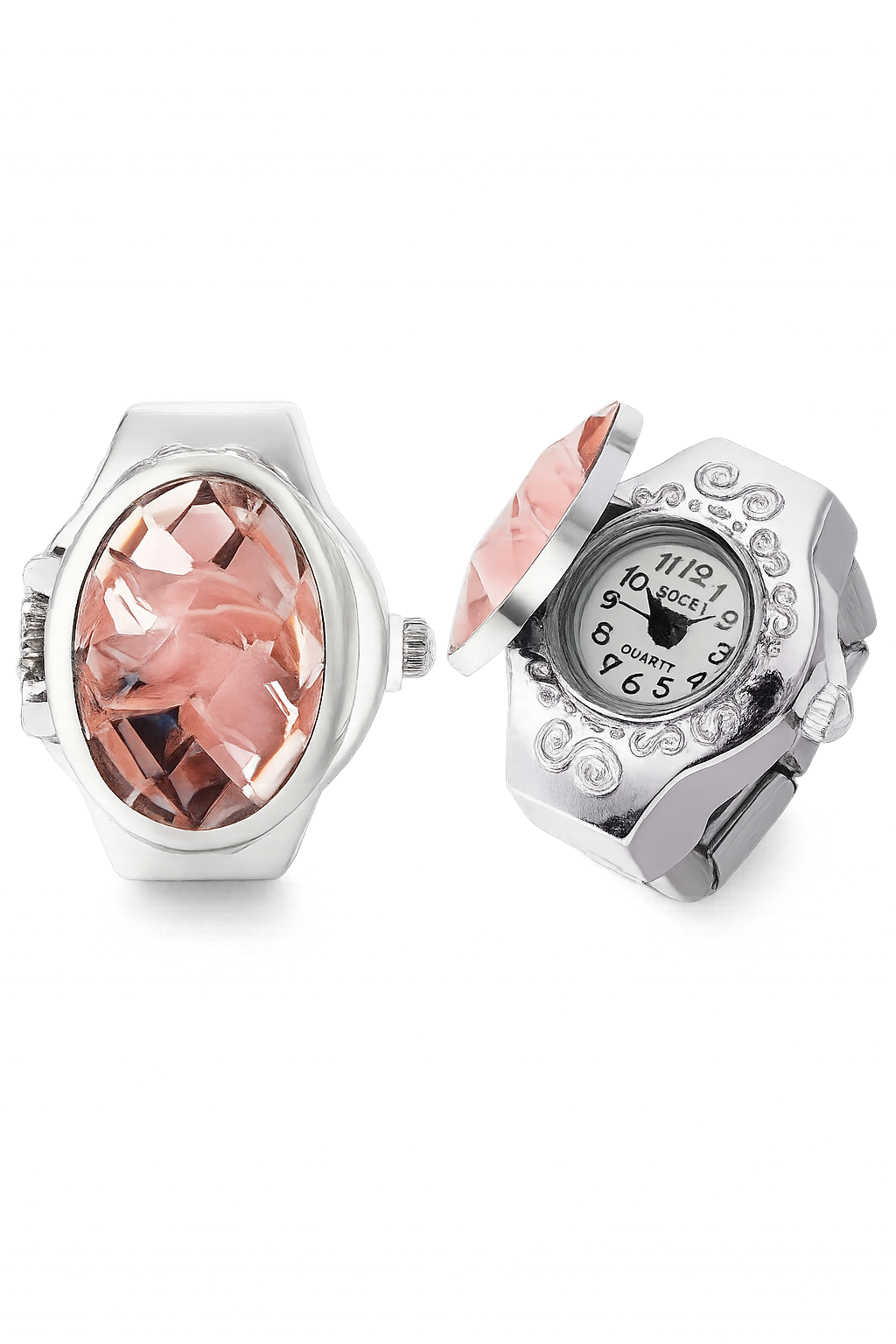 Two watches with pink gemstones on a white background