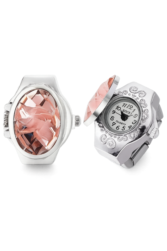 Two watches with pink gemstones on a white background