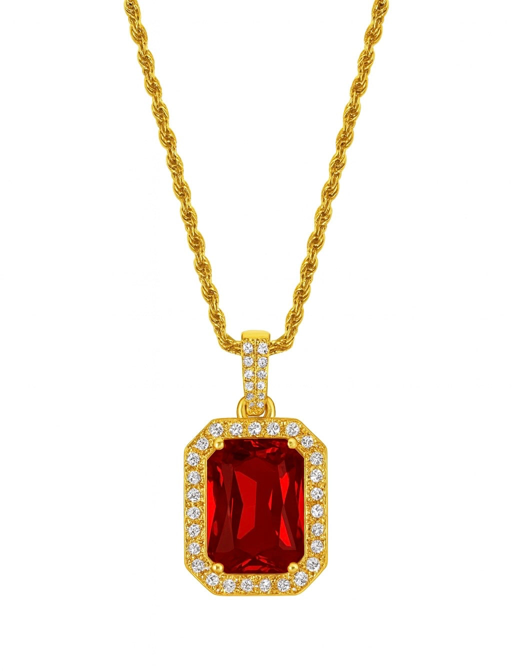 Gold necklace with a red gemstone pendant on a white background