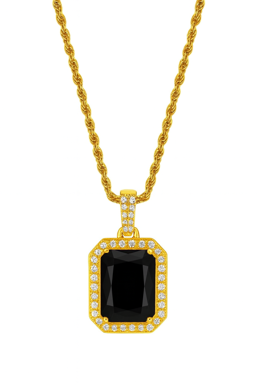 Gold necklace with a black gemstone pendant on a white background