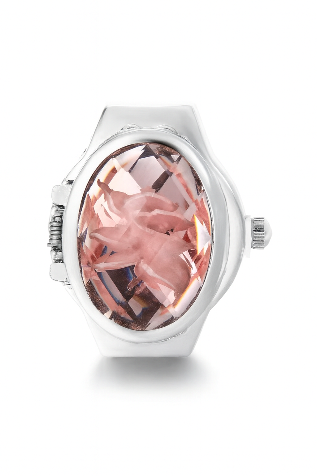 Watch with a pink floral design on the face against a white background