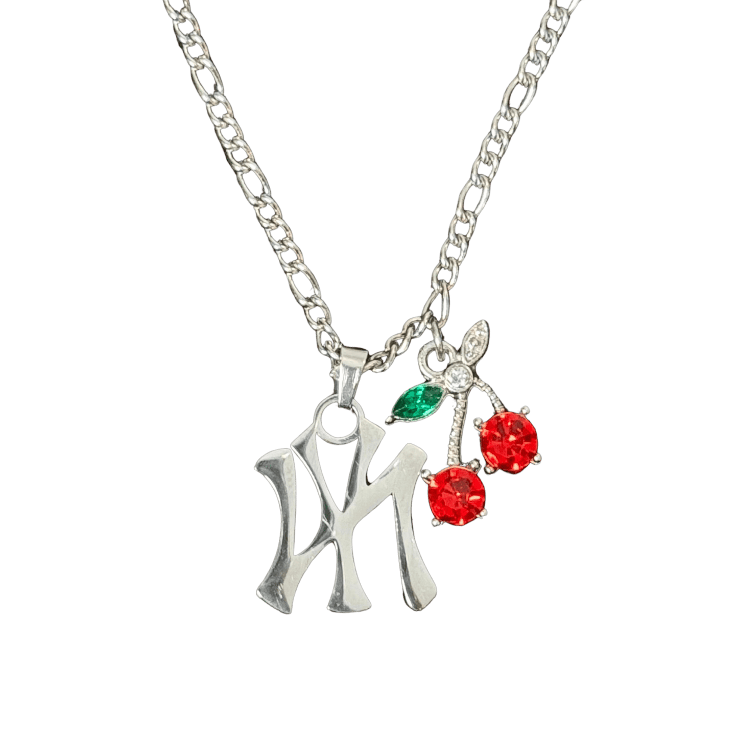Necklace with silver pendant and red and green gemstones on a white background
