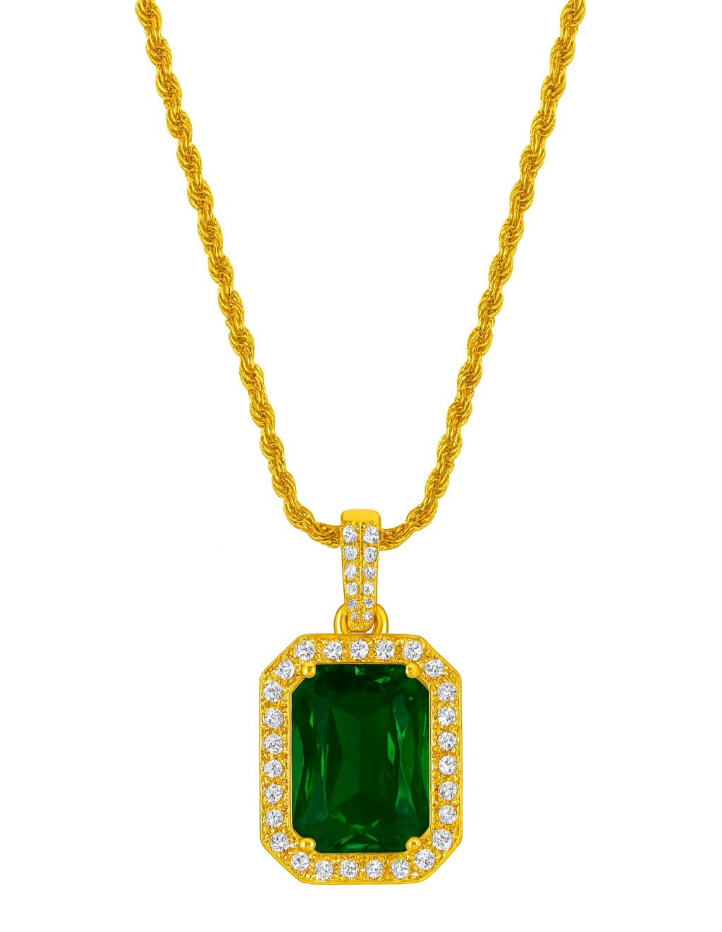 Gold necklace with a green gemstone pendant on a white background