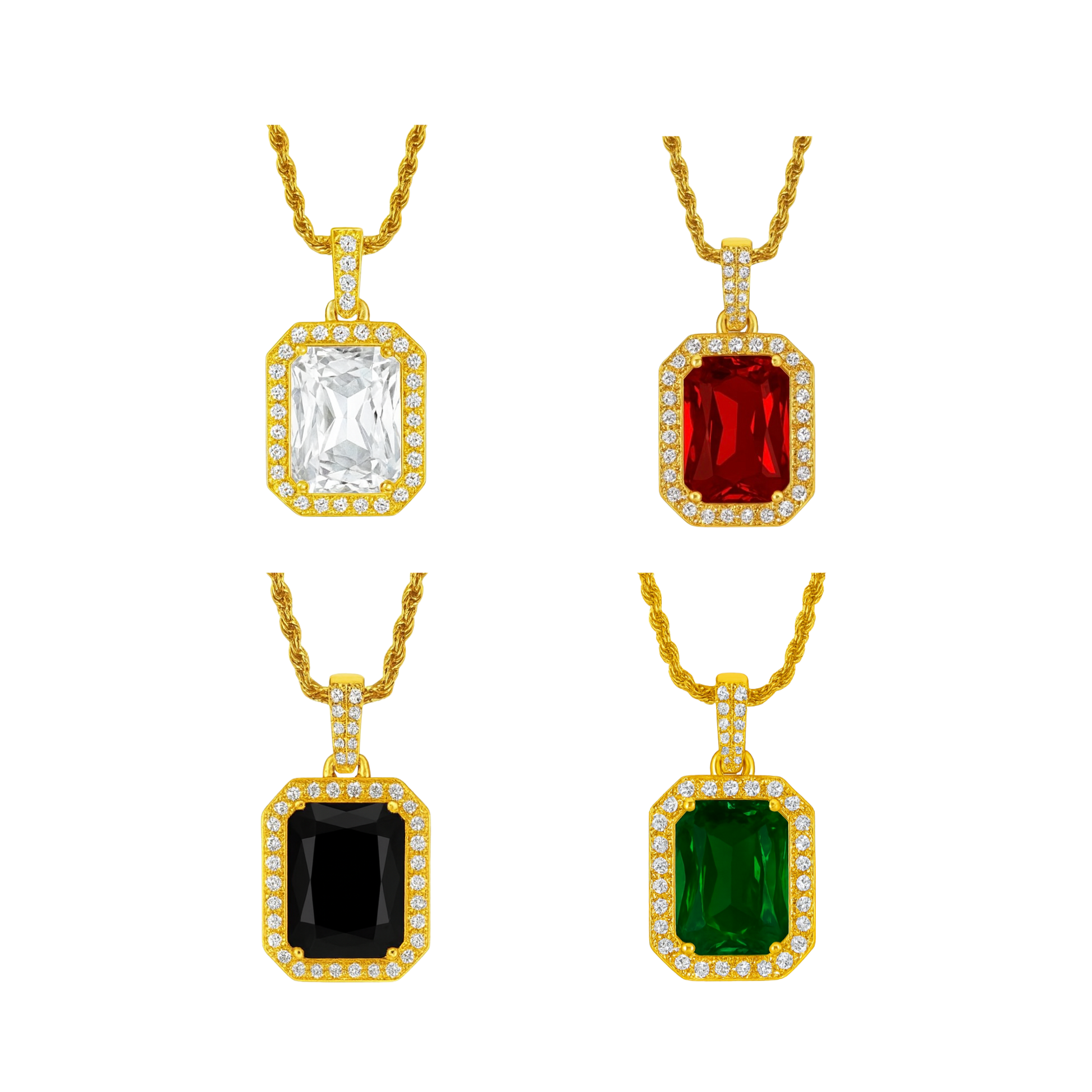 Four gold necklaces with rectangular gemstones on a white background