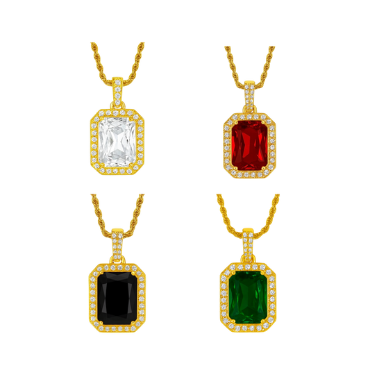 Four gold necklaces with rectangular gemstones on a white background