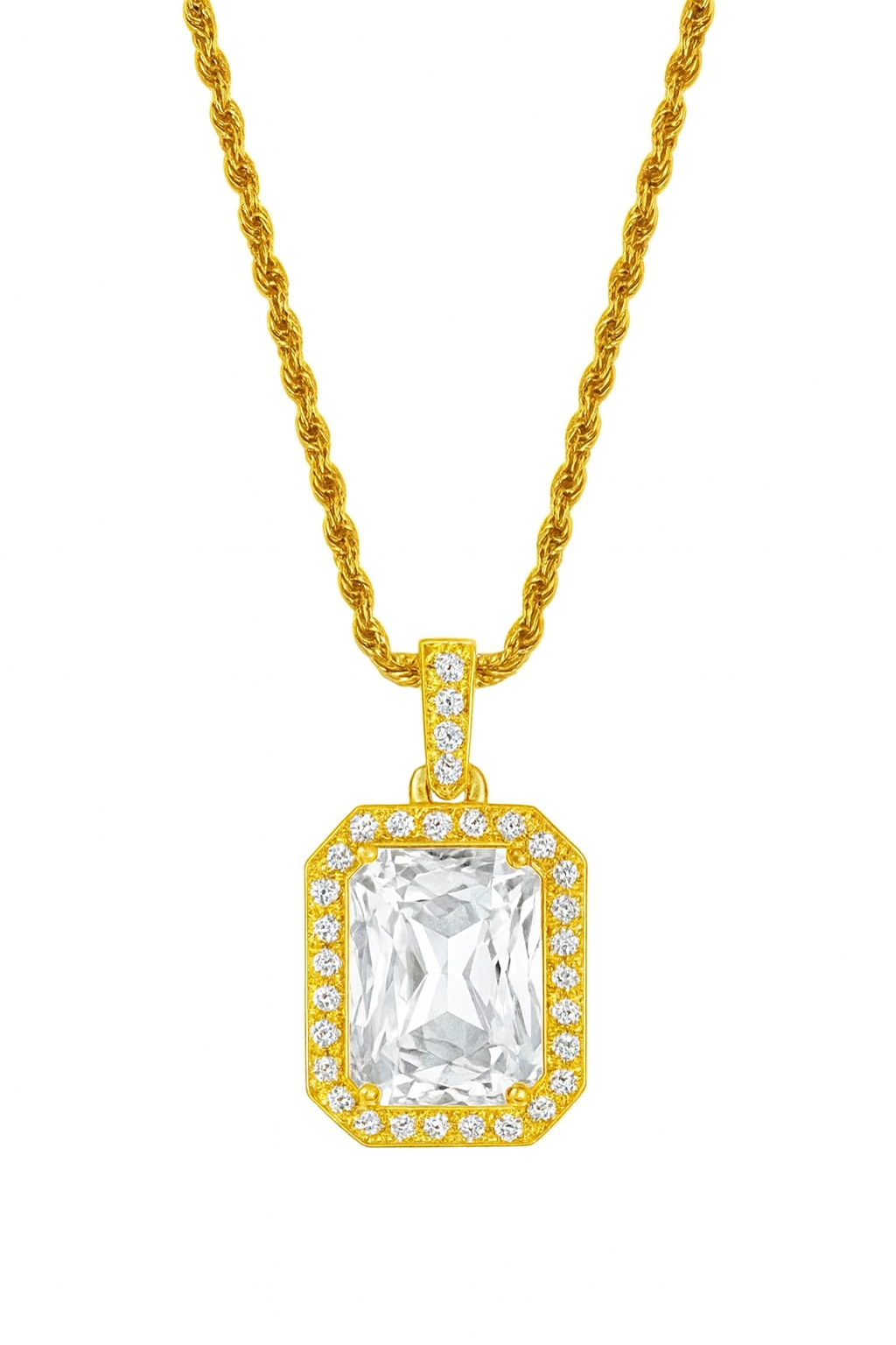 Gold necklace with a diamond pendant on a white background
