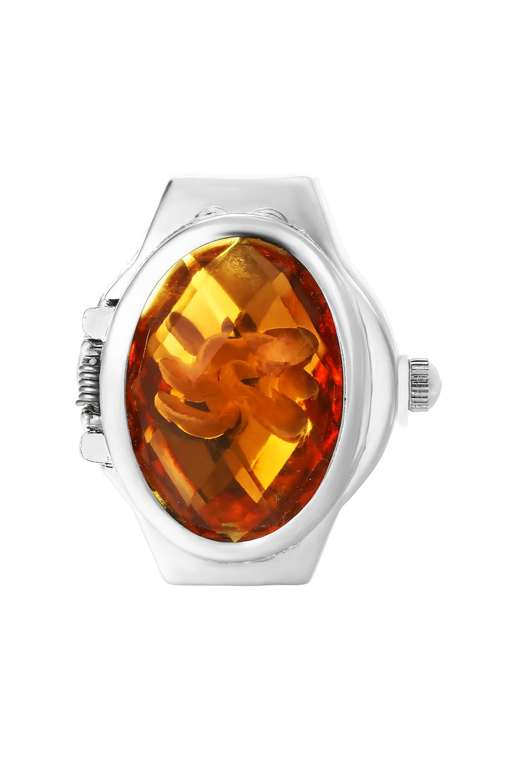 Watch with a large amber-colored gemstone on a white background