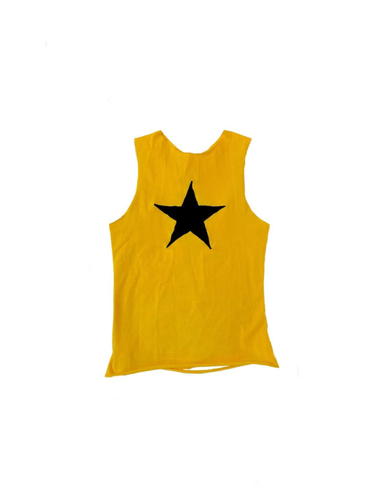 Yellow tank top with a black star on a white background