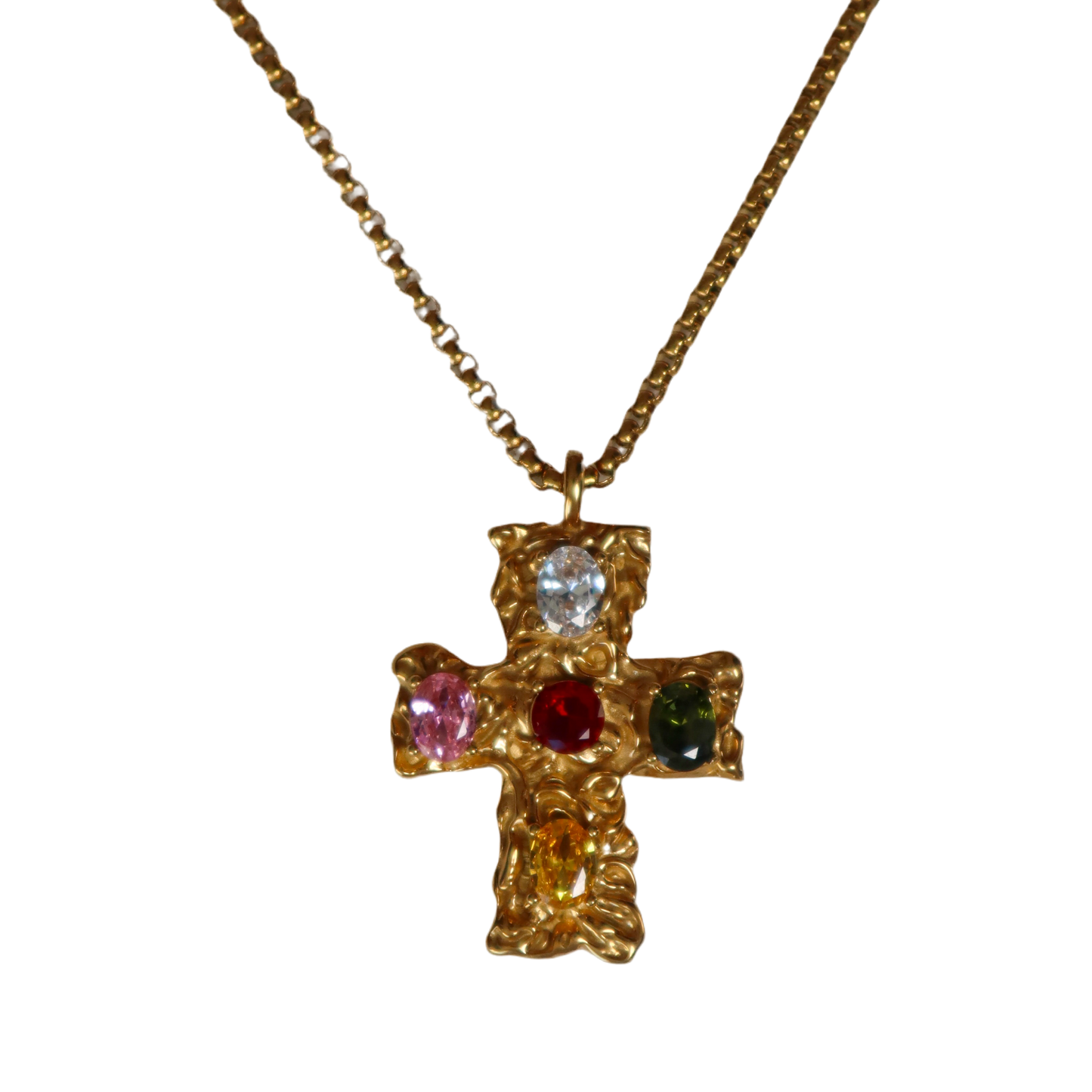 Melted Cross Chain - Multi Color Gem Stone