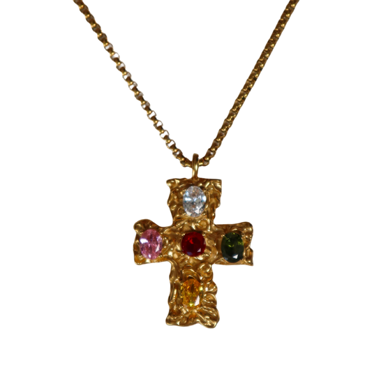 Melted Cross Chain - Multi Color Gem Stone