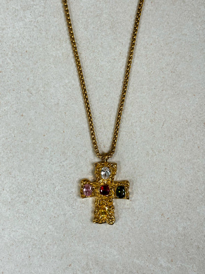 Melted Cross Chain - Multi Color Gem Stone