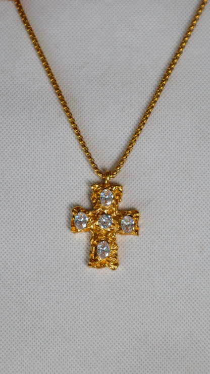 Melted Cross Chain - Clear Gem Stone