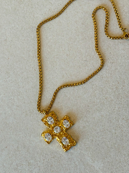 Melted Cross Chain - Clear Gem Stone