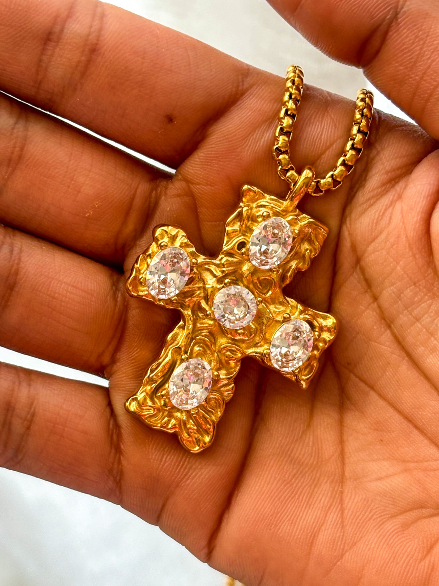 Melted Cross Chain - Clear Gem Stone