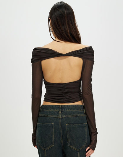 Bianca Macrame Off Shoulder Mesh Top