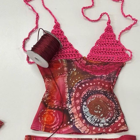 Pink Celtic Batik Satin Crochet Top (S)