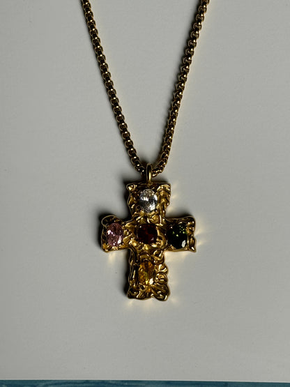 Melted Cross Chain - Multi Color Gem Stone