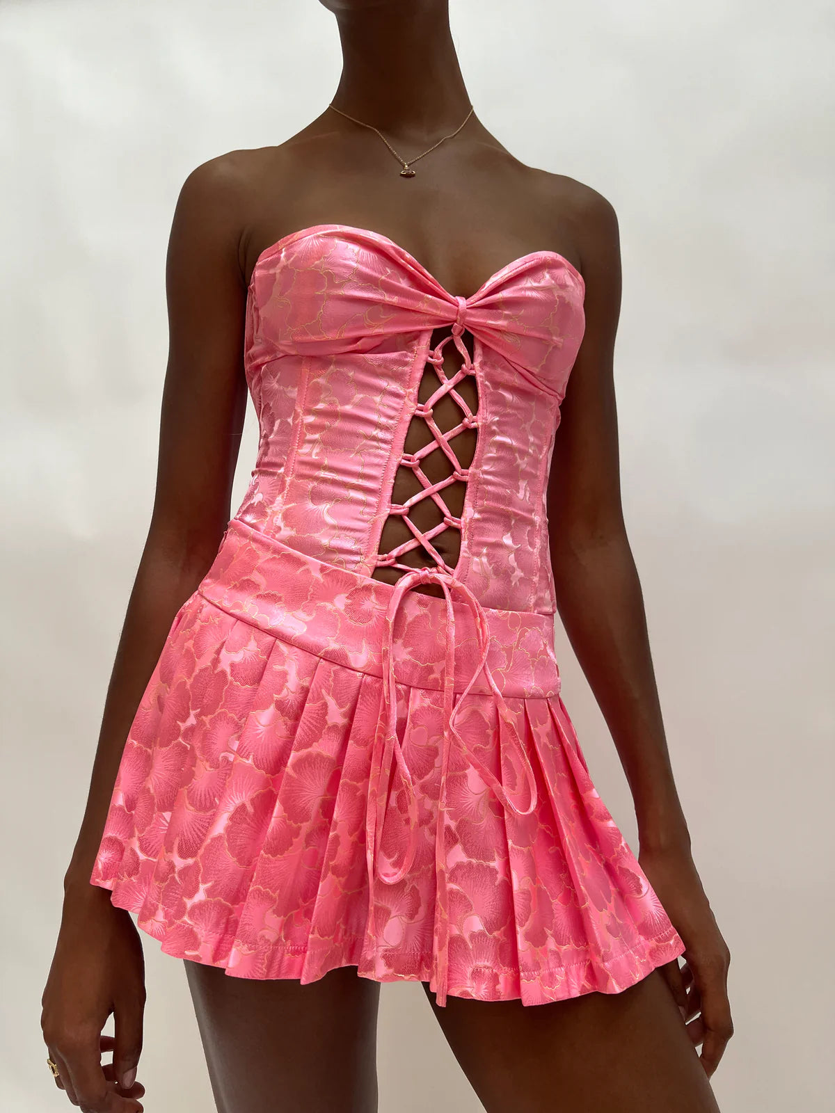 KIM SHUI Pink Bustier Lace Up Top