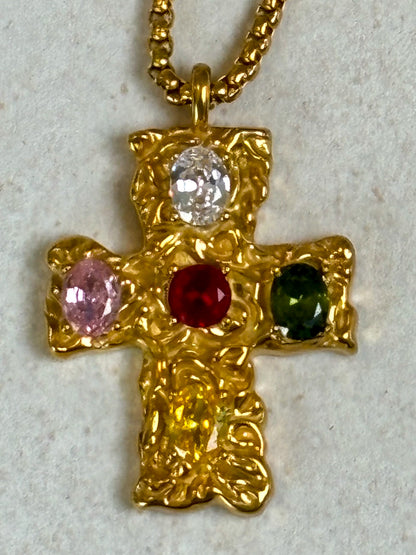 Melted Cross Chain - Multi Color Gem Stone