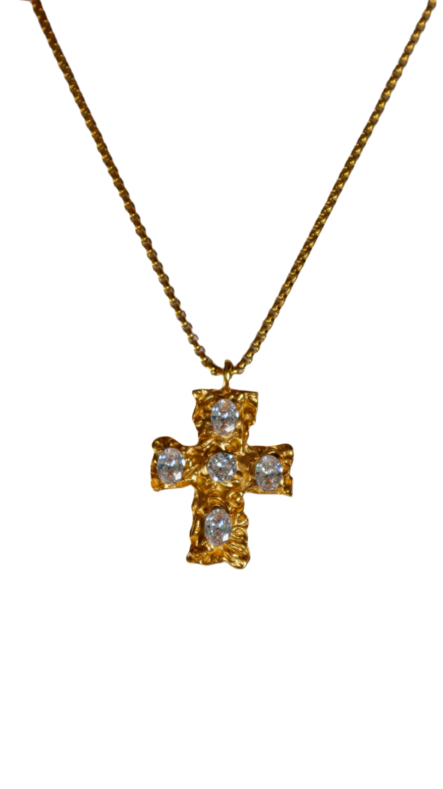 Melted Cross Chain - Clear Gem Stone