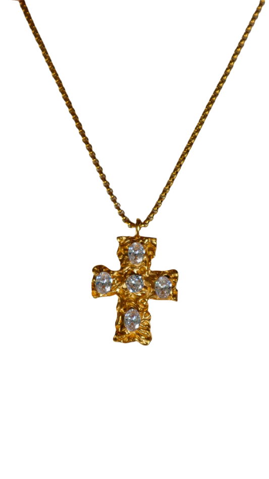 Melted Cross Chain - Clear Gem Stone