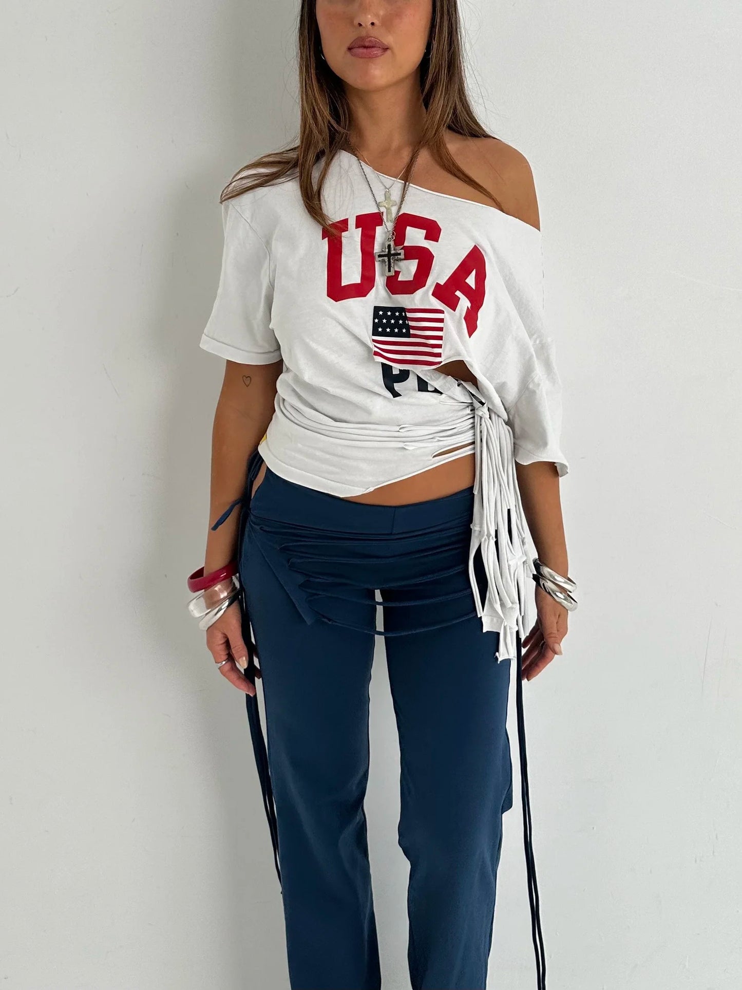 TIT4TATS White USA Fringe Tee (S/M)