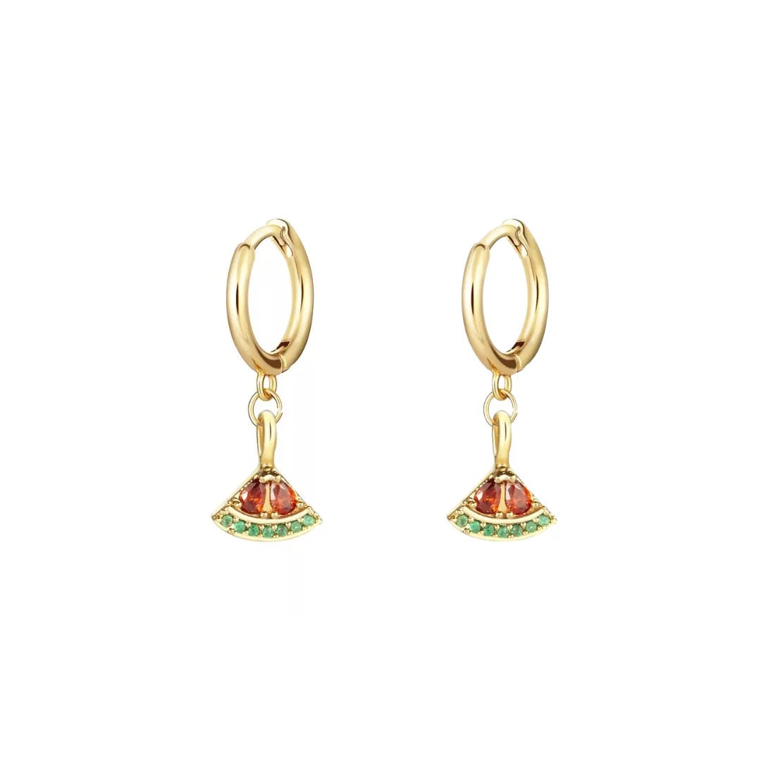 Gold hoop earrings with gemstone drops on a white background