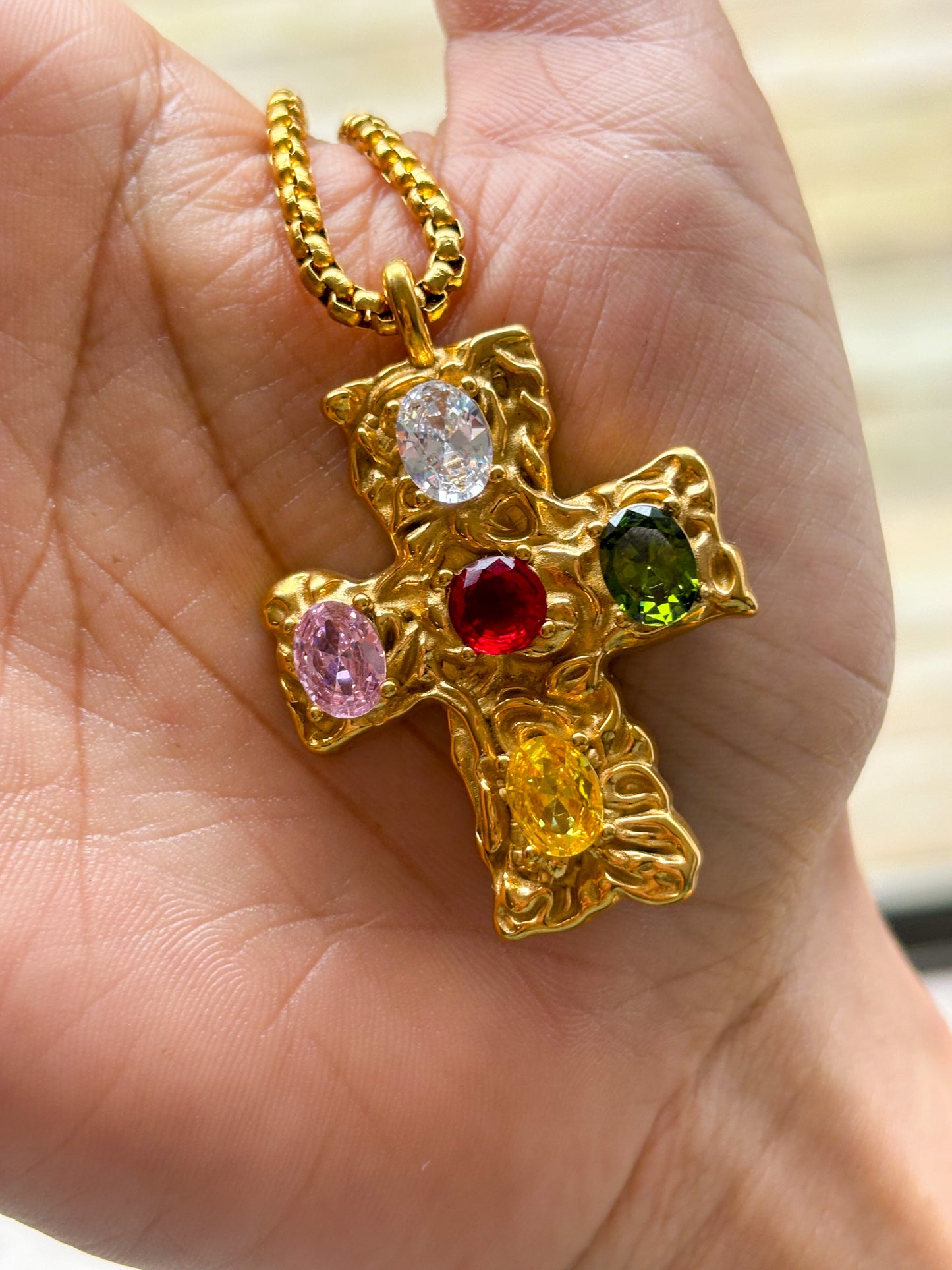 Melted Cross Chain - Multi Color Gem Stone