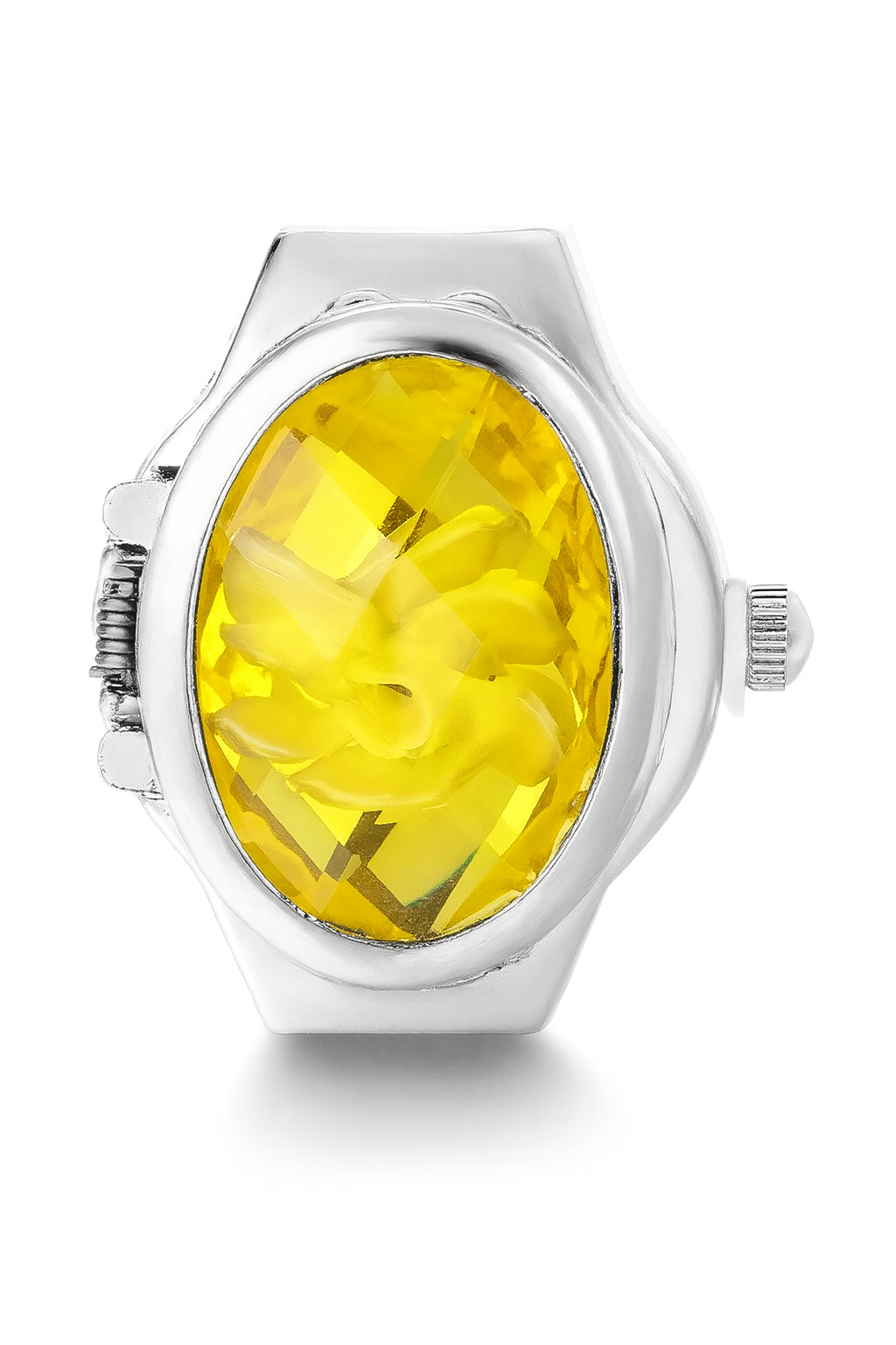 Wristwatch with a yellow face and silver case on a white background